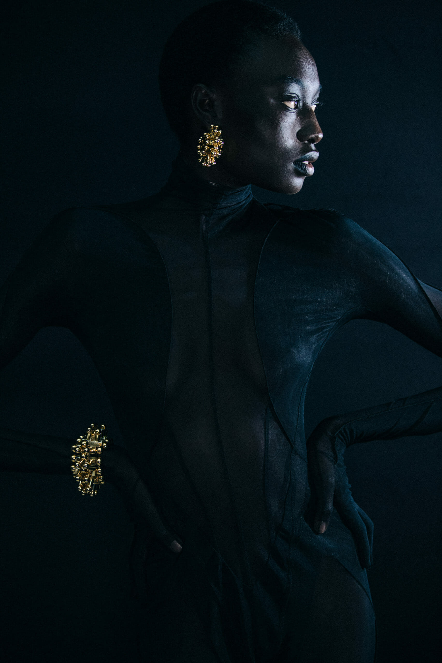 Model wearing lace Mugler dress