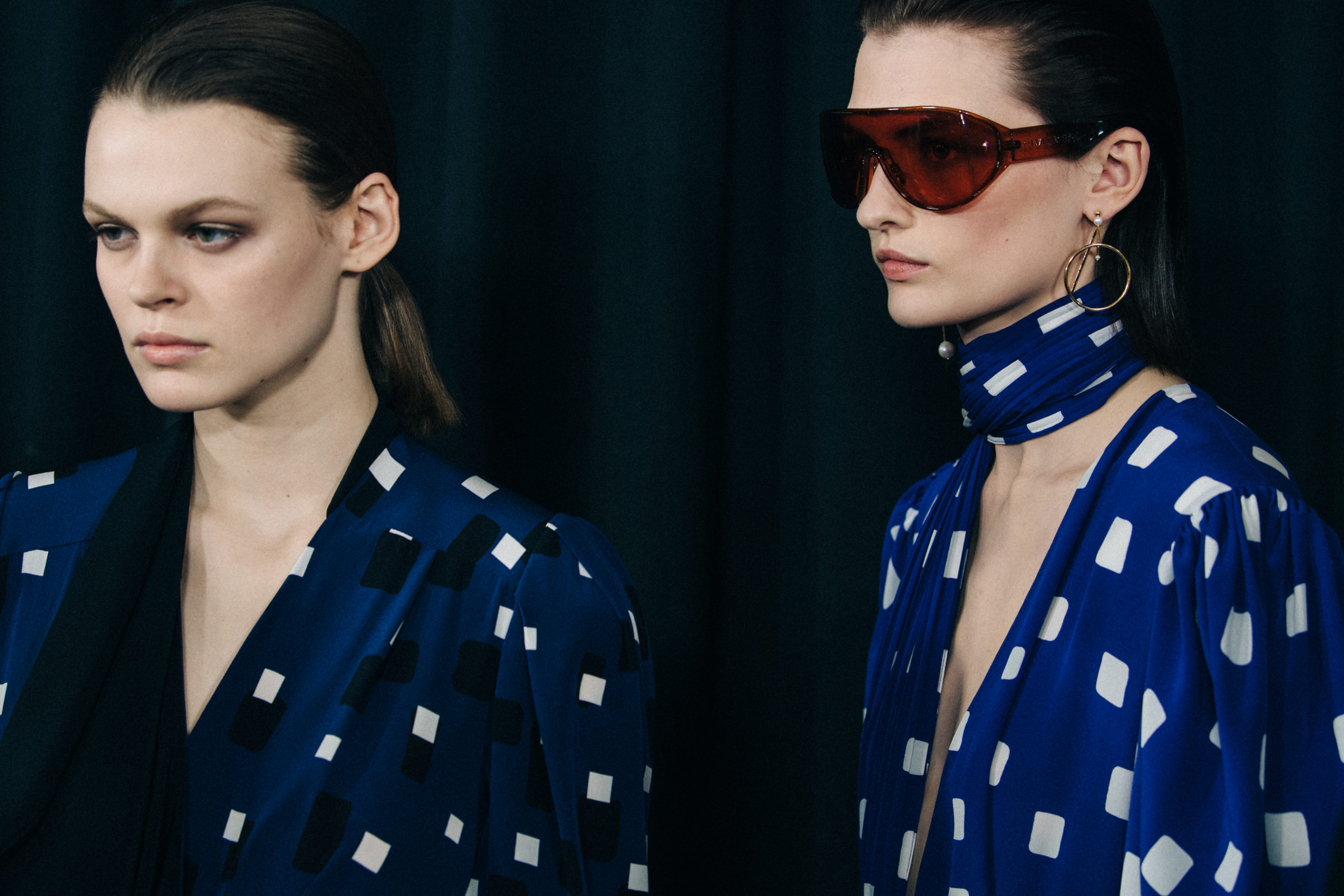 Model wearing pattern dress at Givenchy