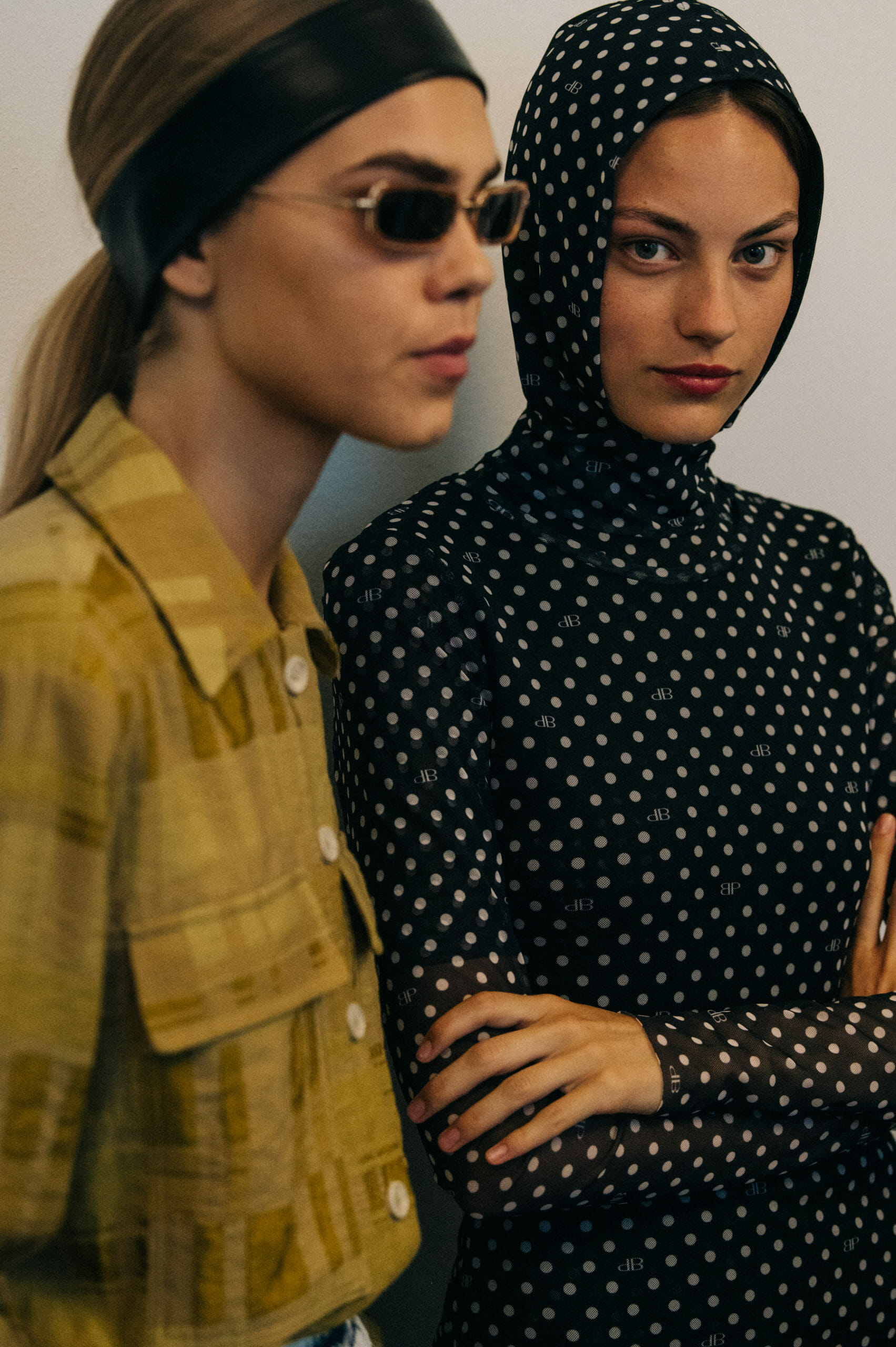 Model wearing leather headband