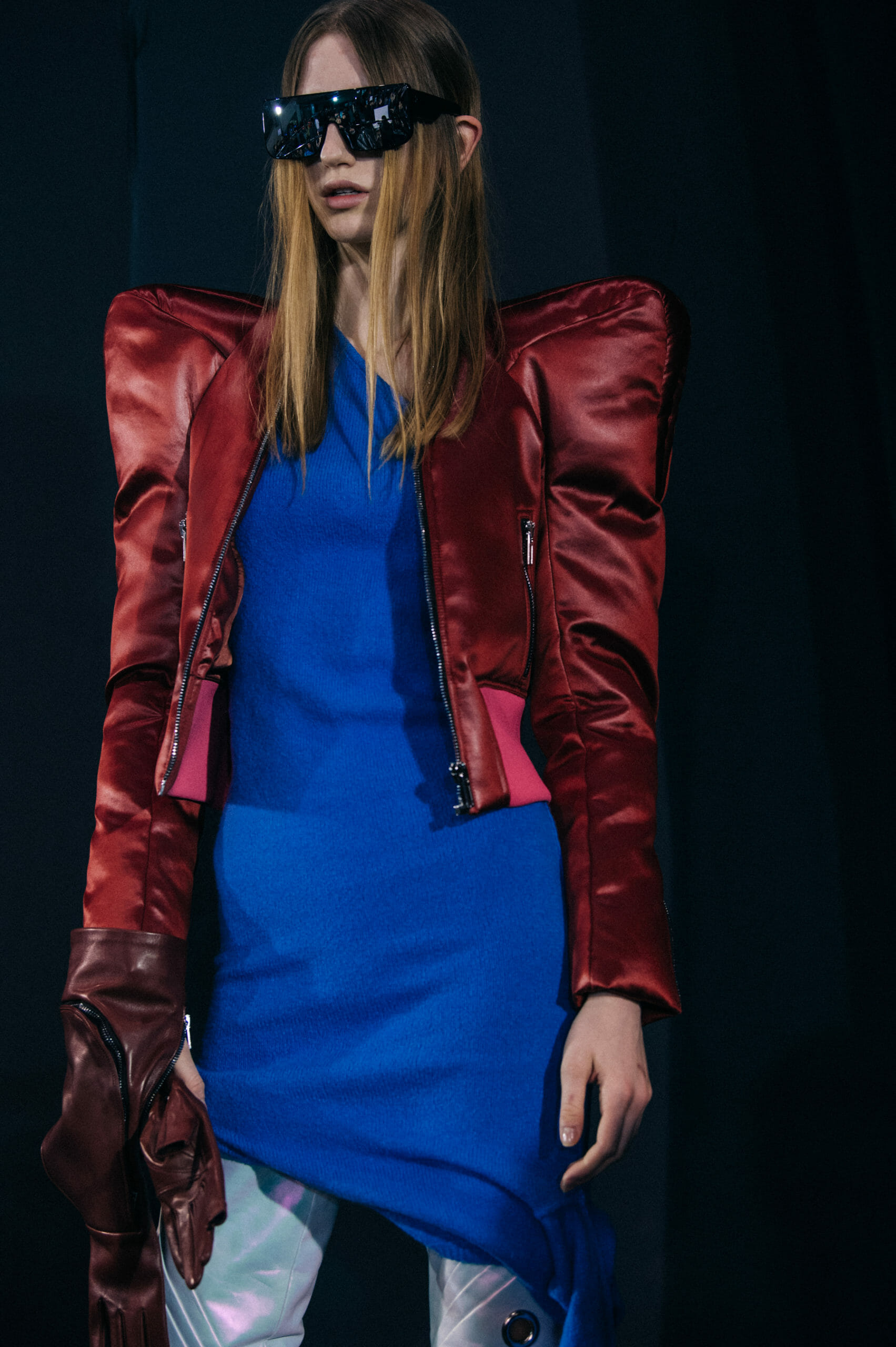 Model wearing red at Rick Owens