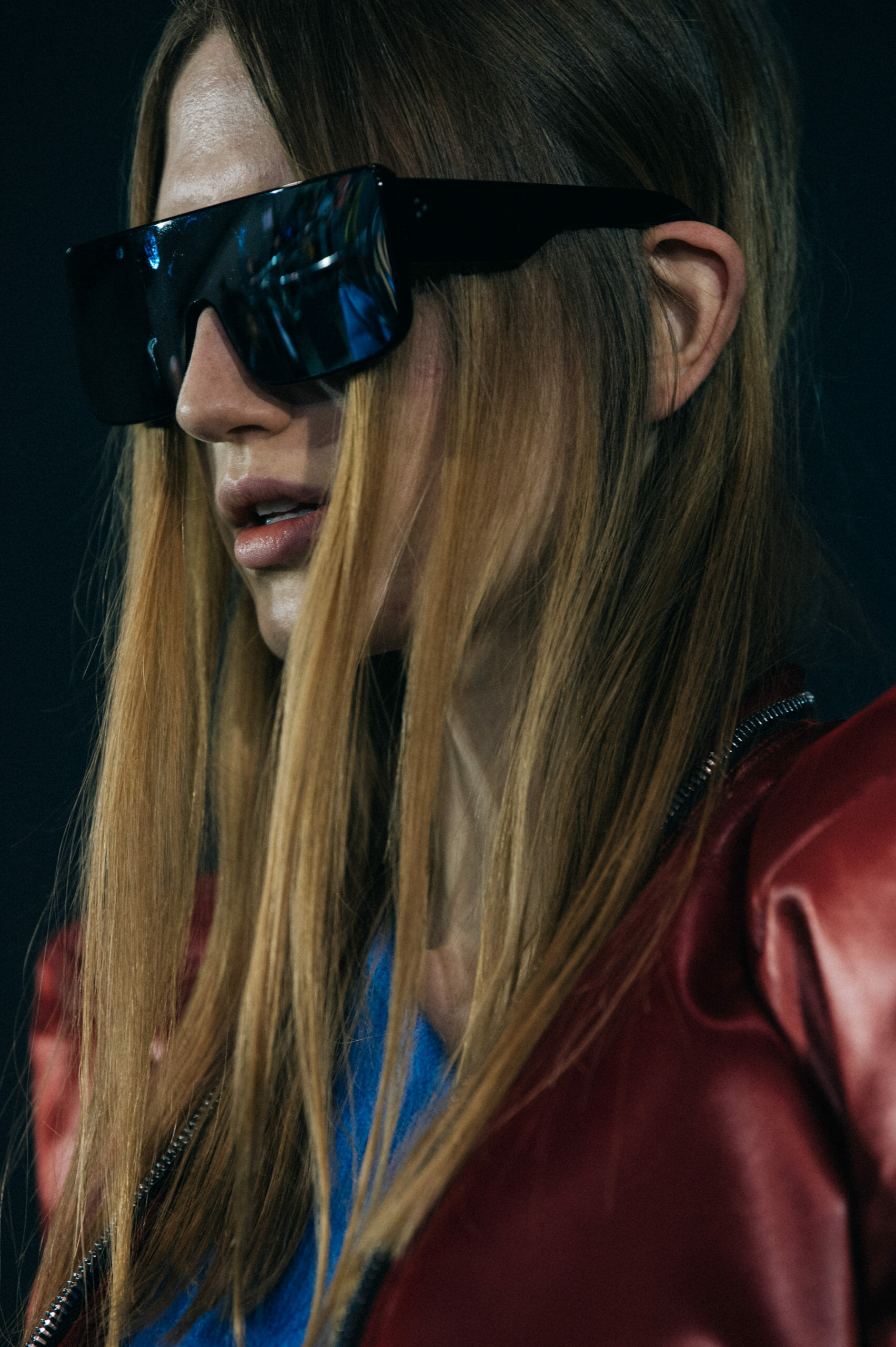 Model wearing red at Rick Owens