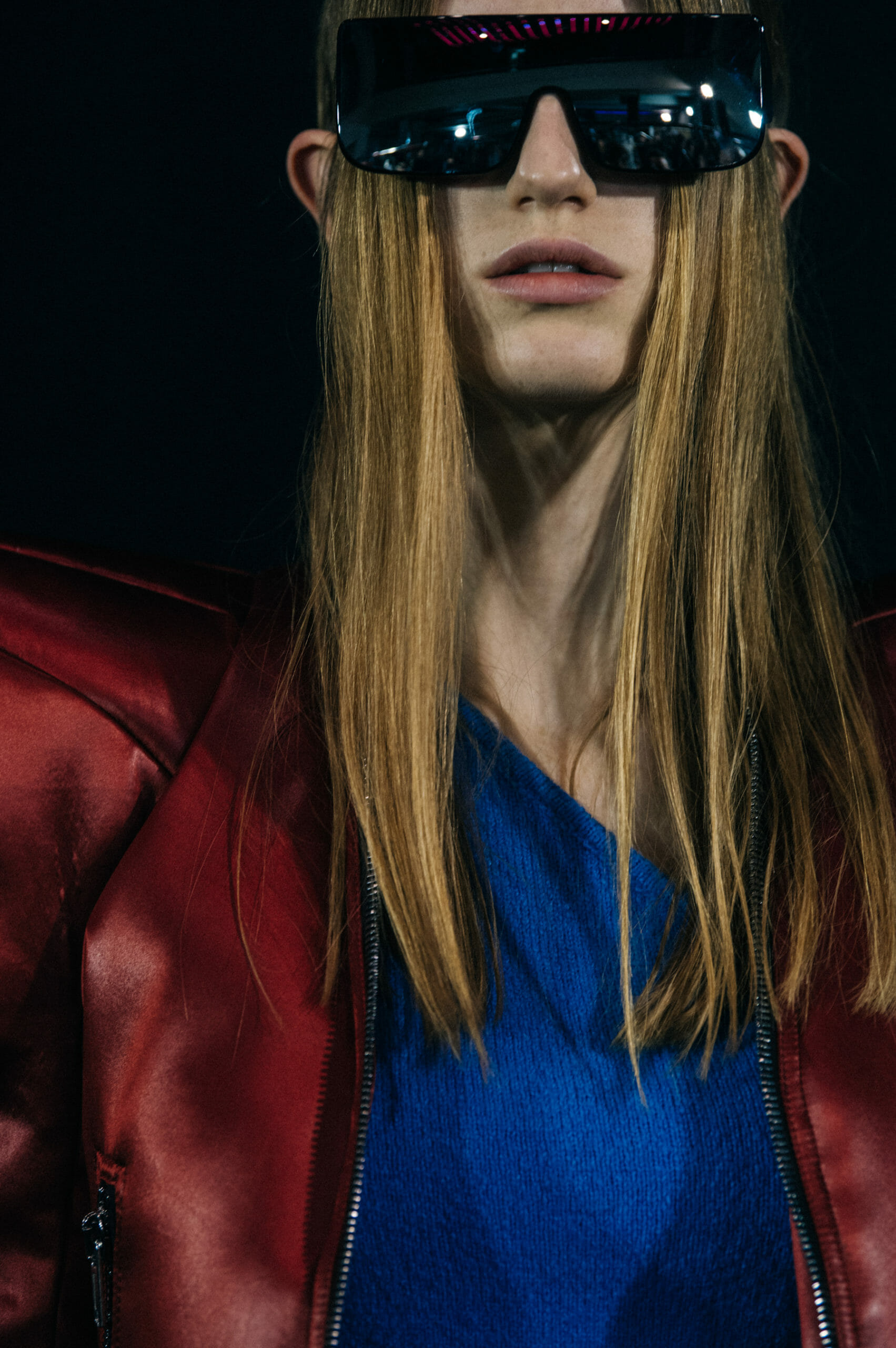 Model wearing red at Rick Owens