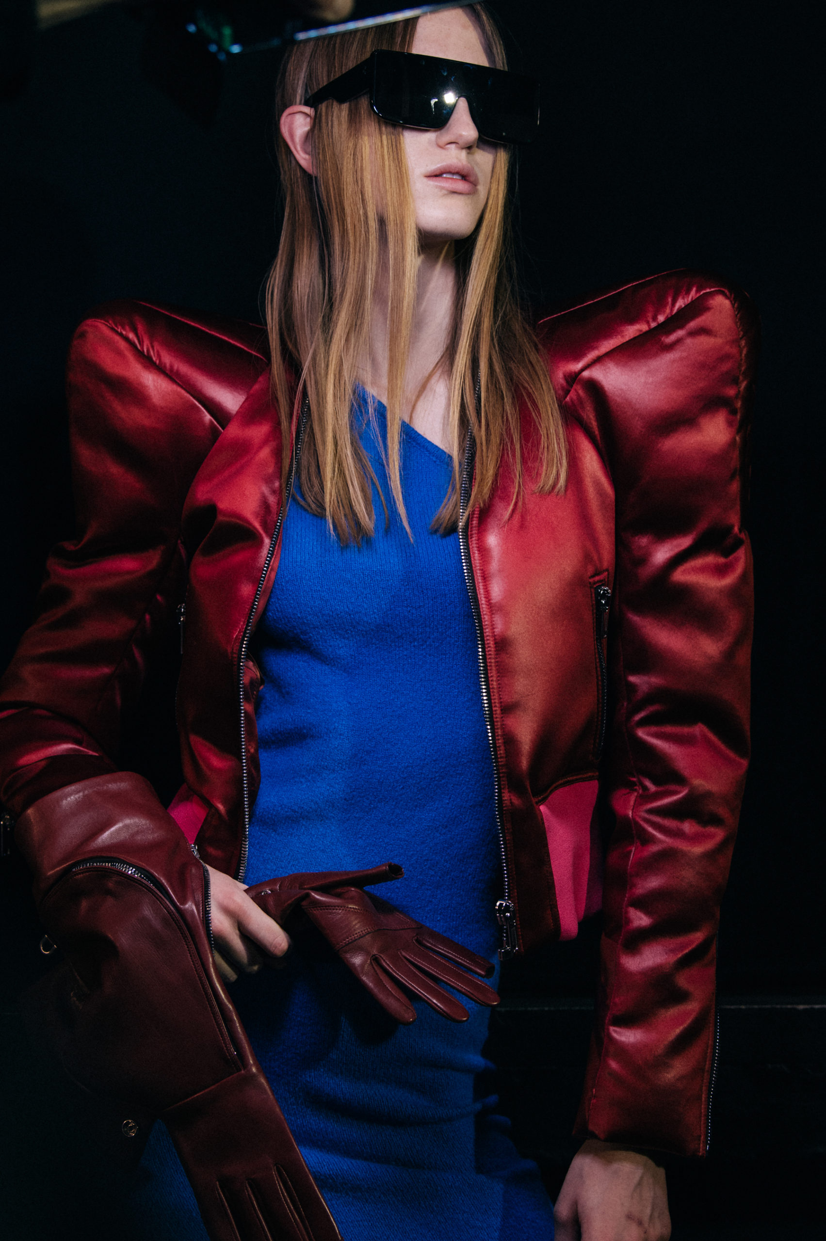 Model wearing red at Rick Owens