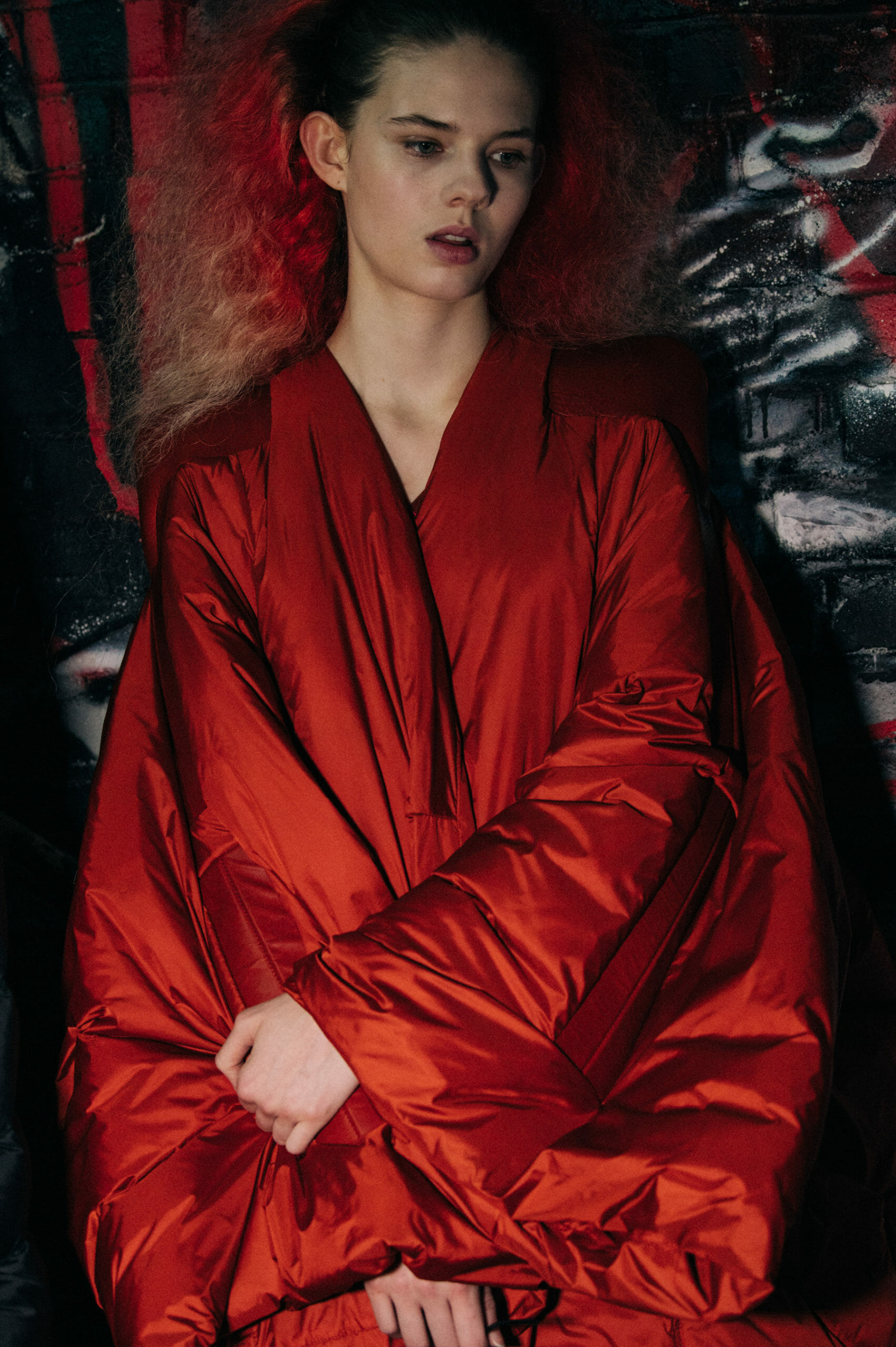 Model wearing red at Rick Owens
