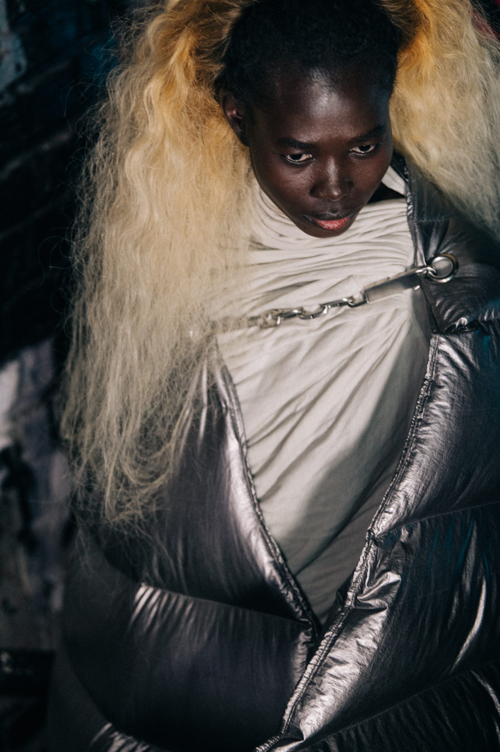 Model wearing silver at Rick Owens
