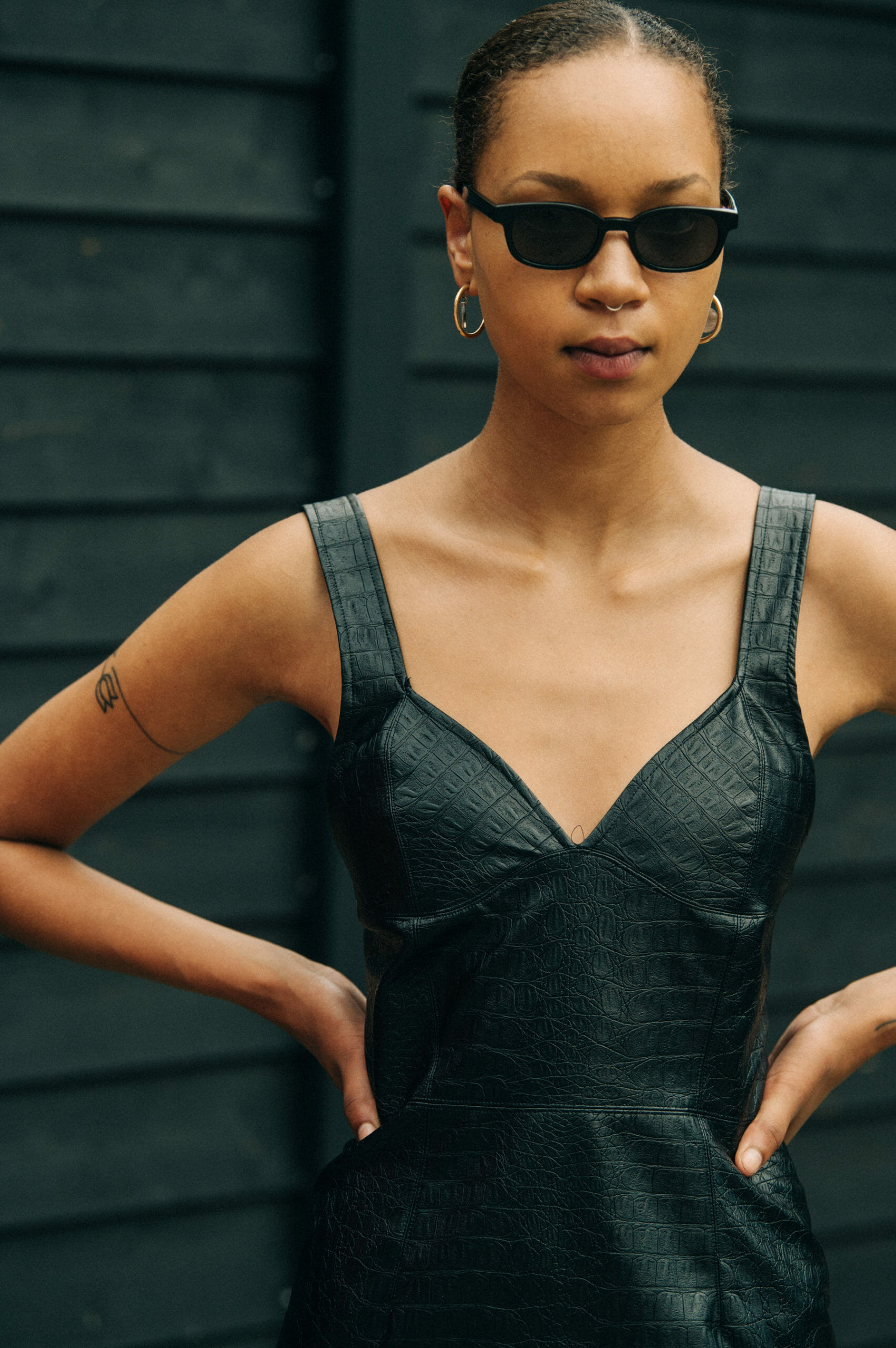 Model wearing black Soulland outfit