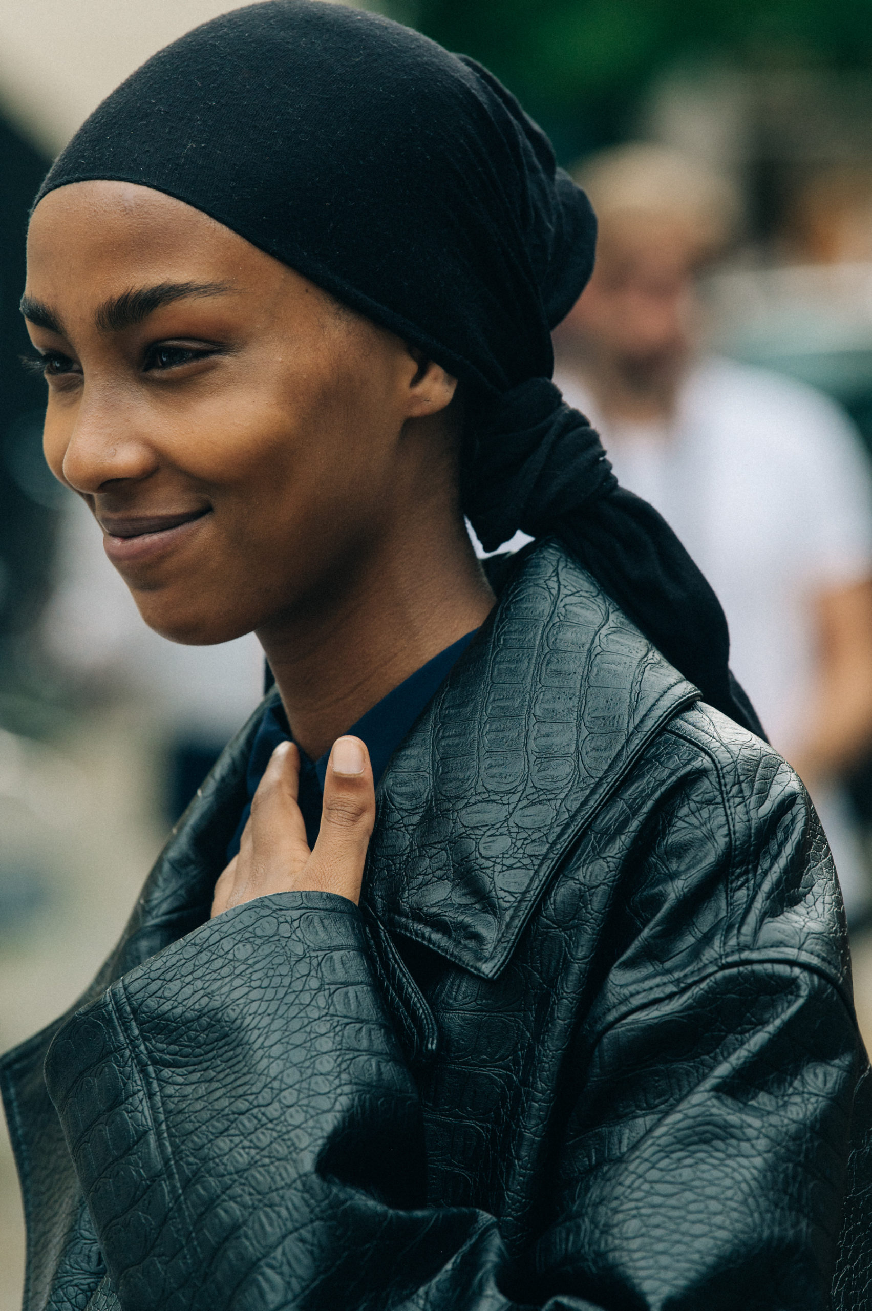 Model wearing black Soulland outfit