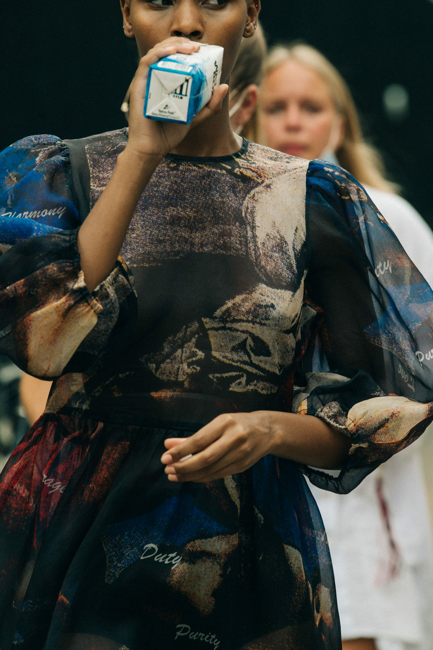 Model wearing pattern Soulland dress