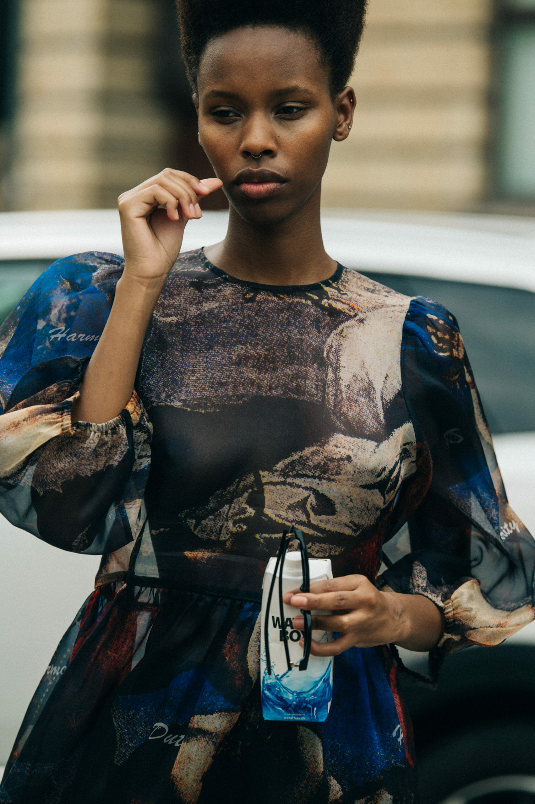Model wearing pattern Soulland dress
