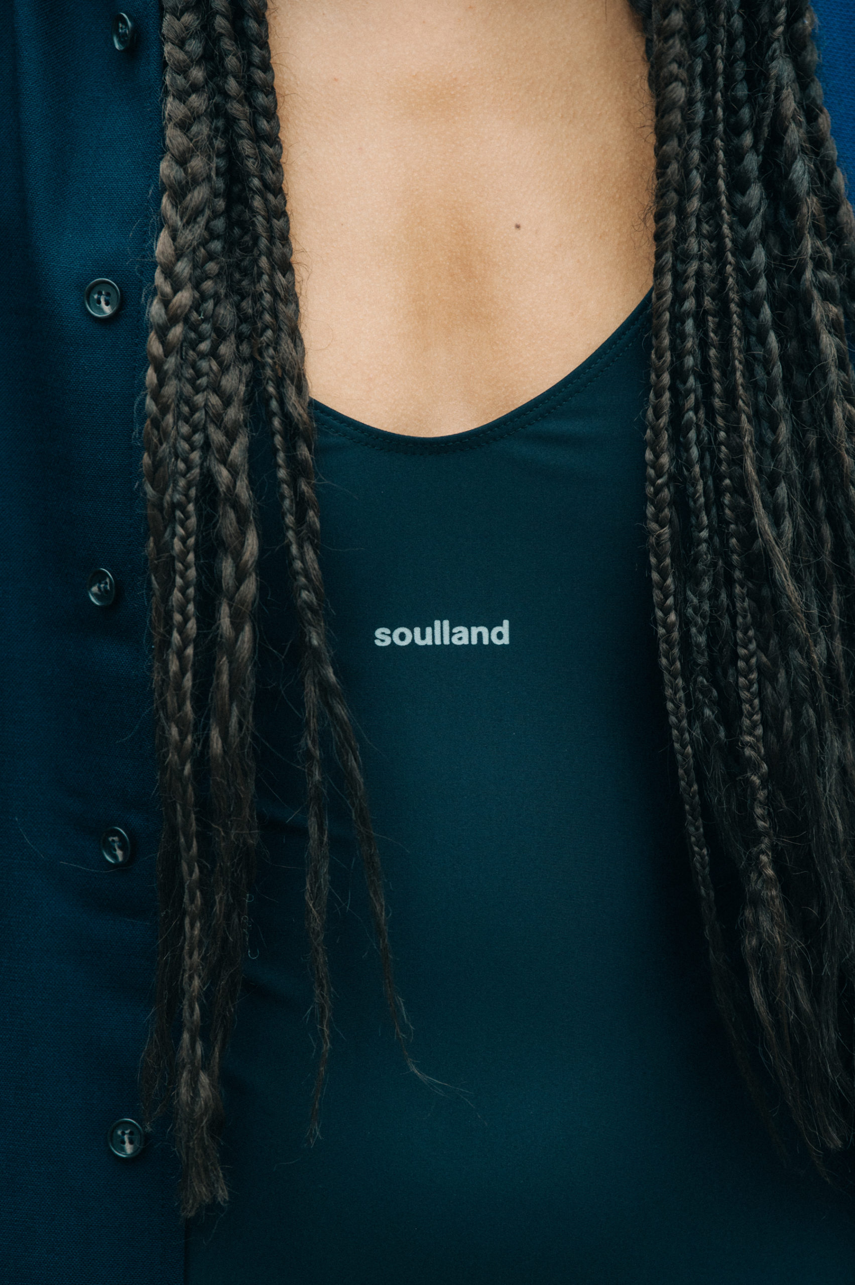 Model wearing black Soulland outfit