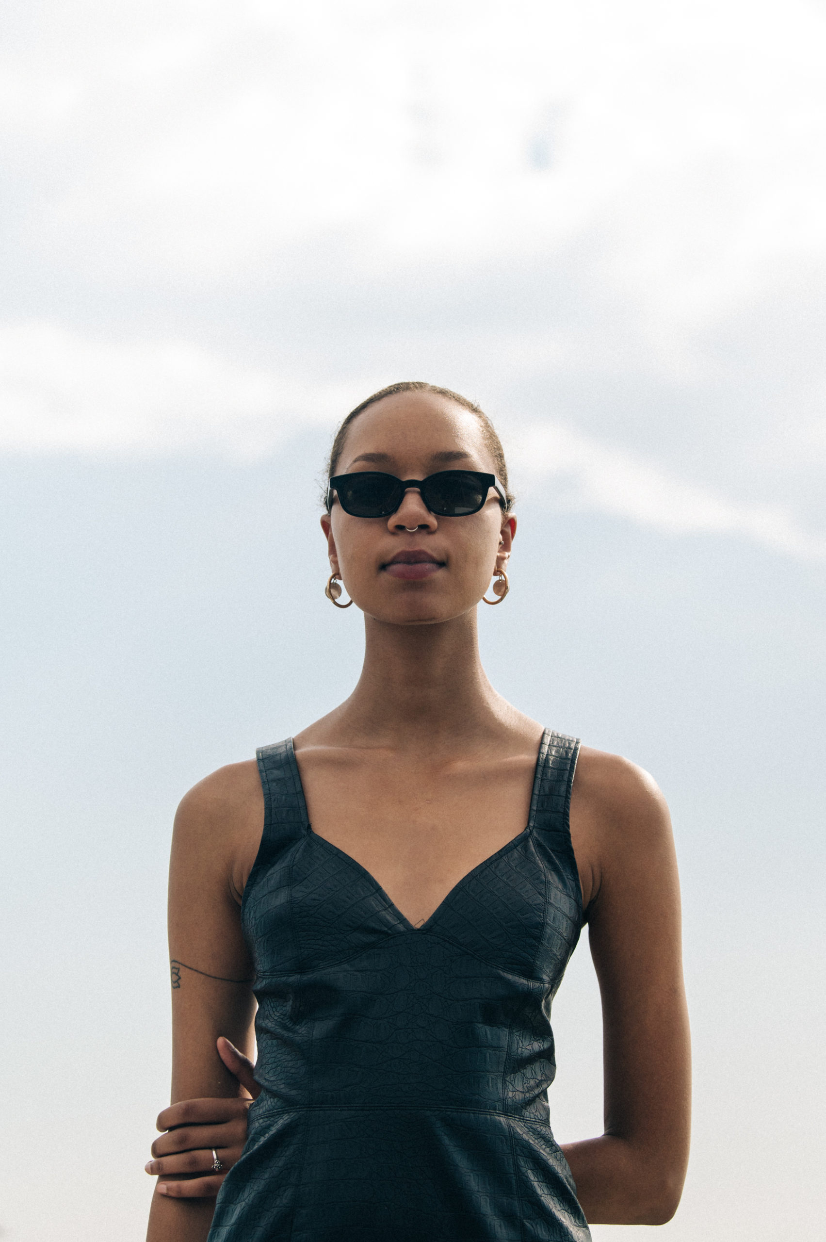 Model wearing black Soulland outfit