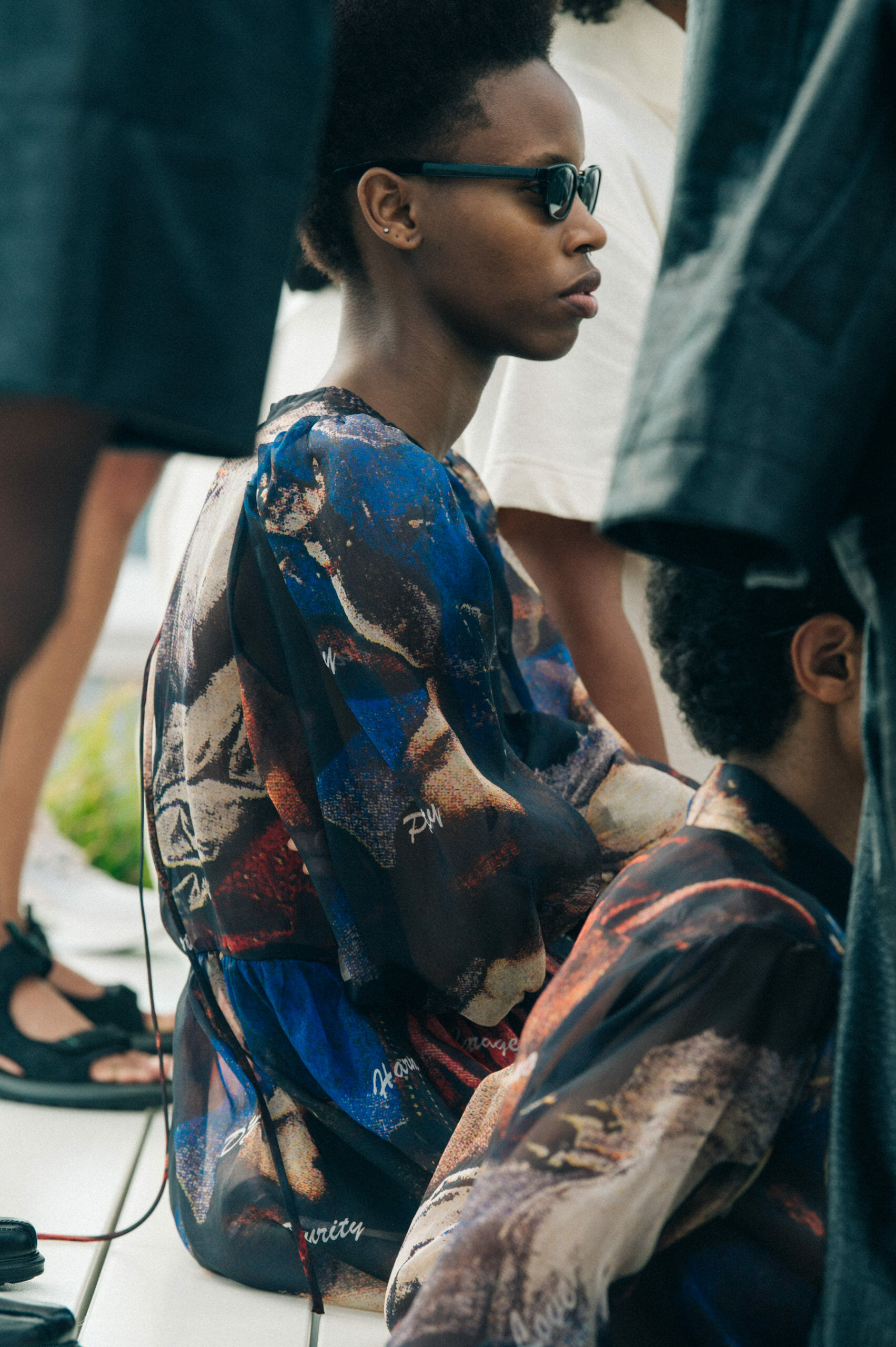Model wearing pattern Soulland dress