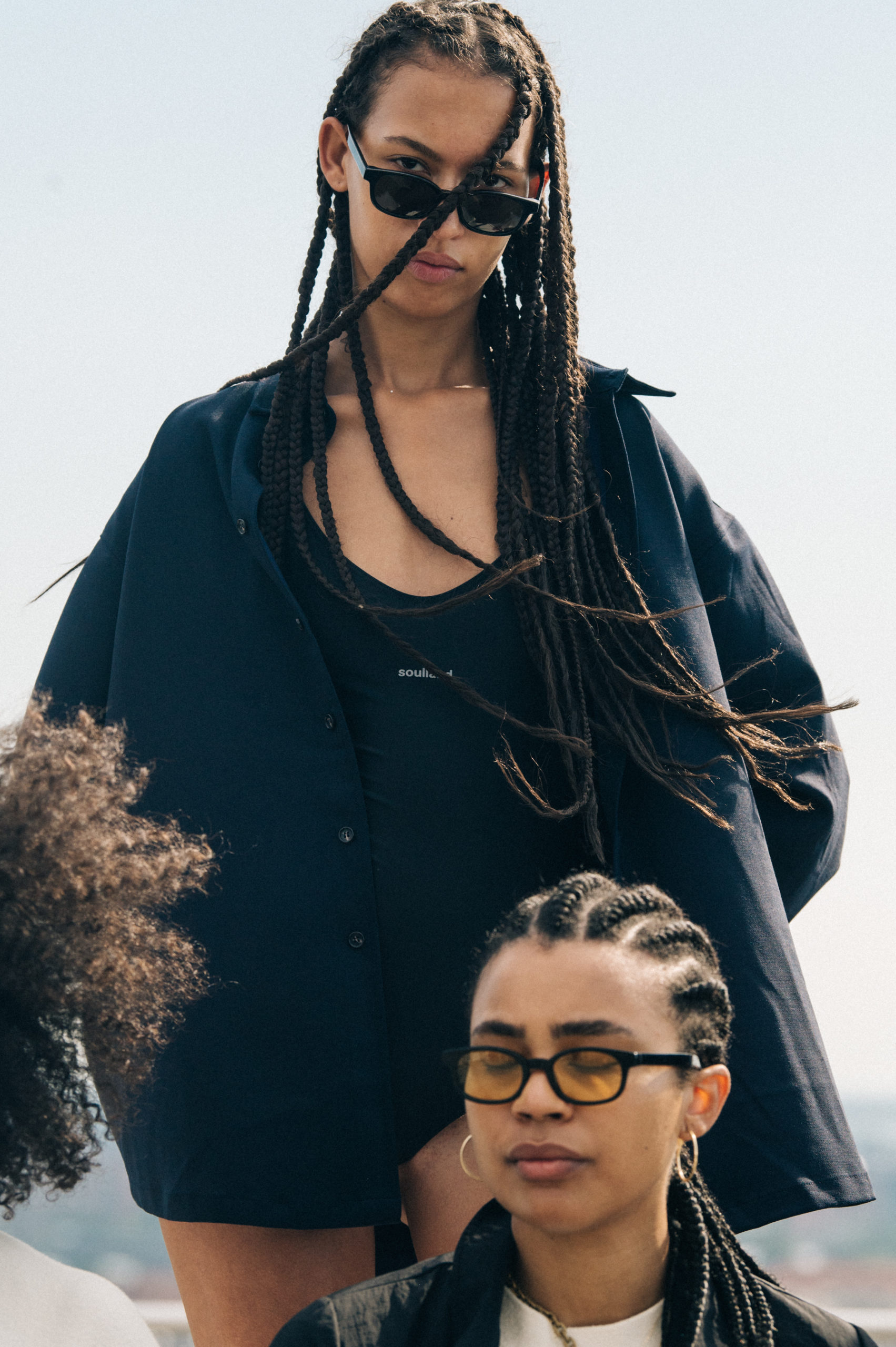 Model wearing black Soulland outfit