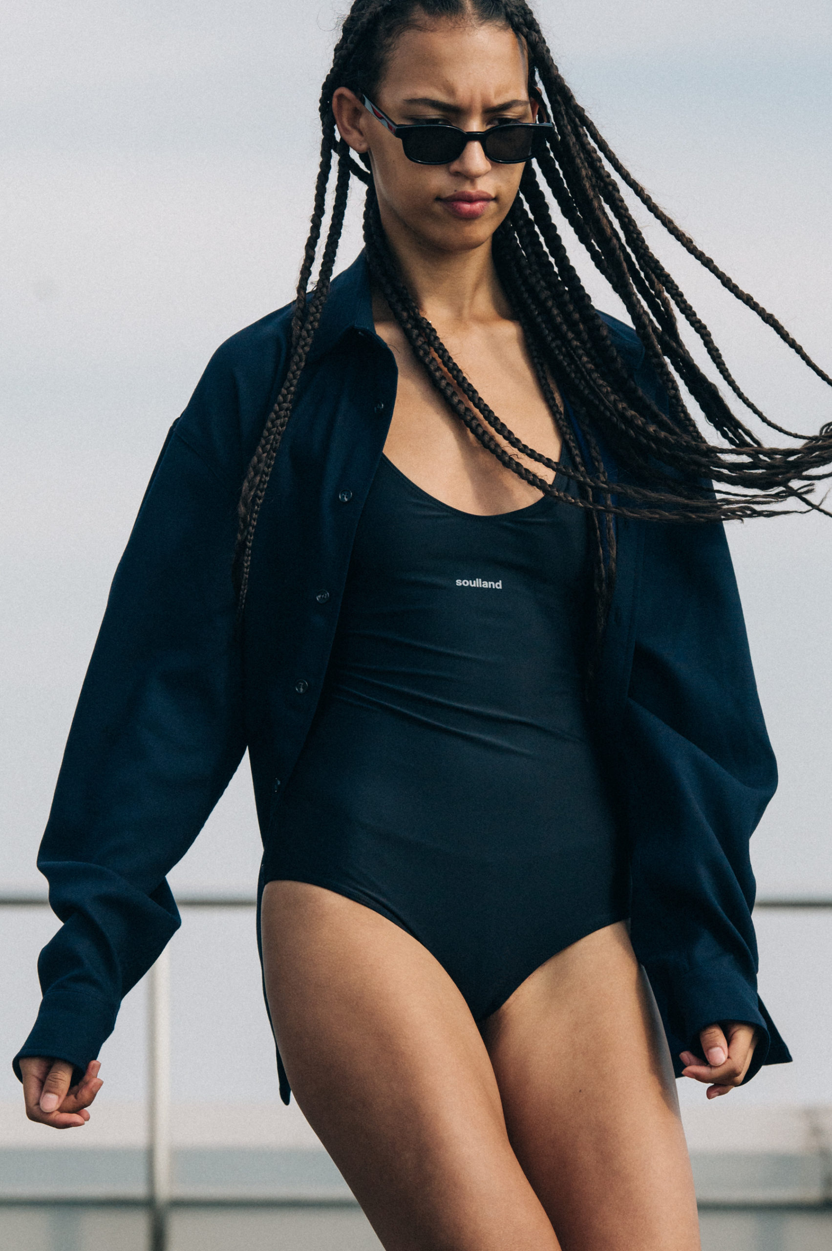 Model wearing black Soulland outfit