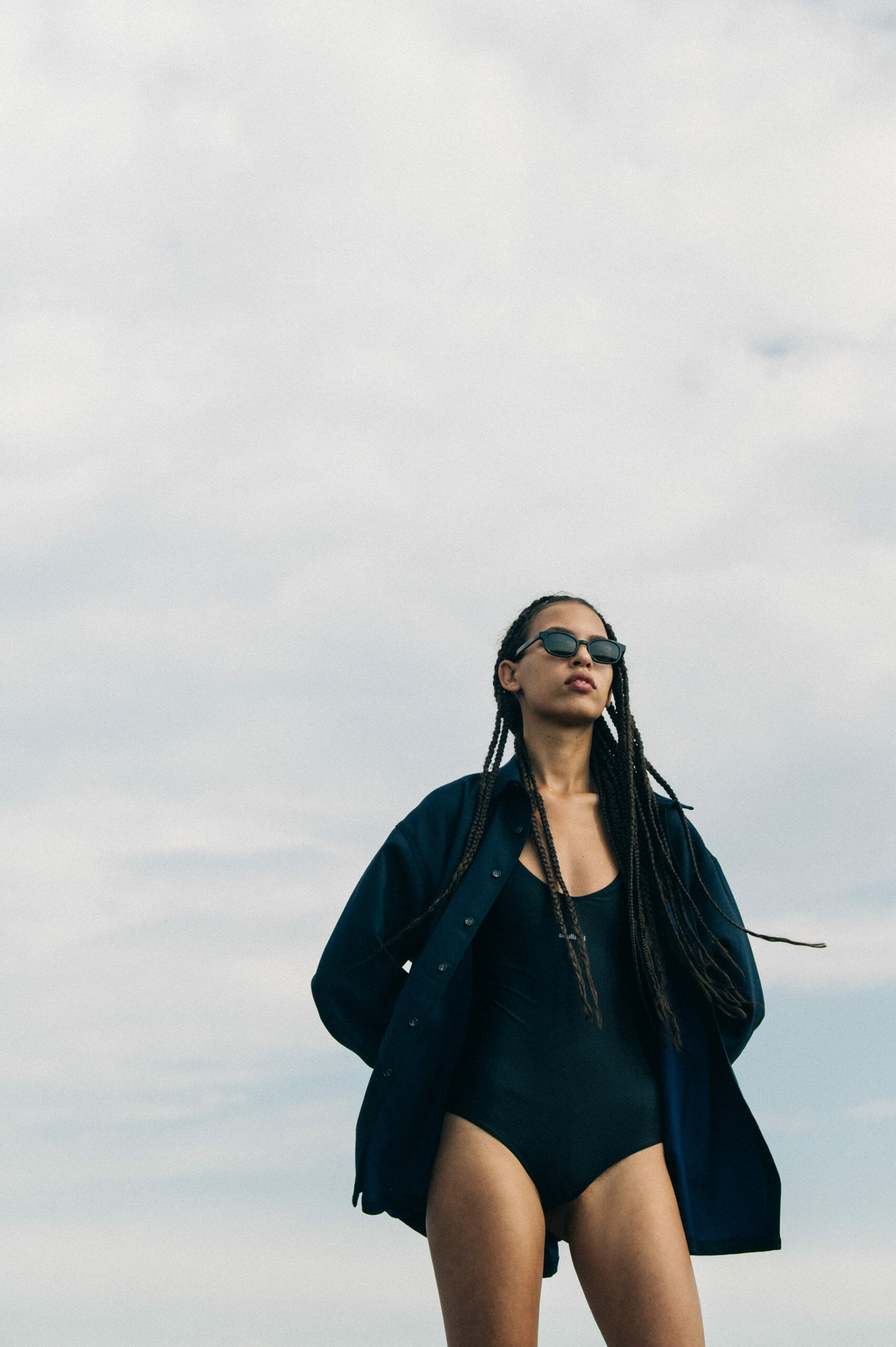 Model wearing black Soulland outfit