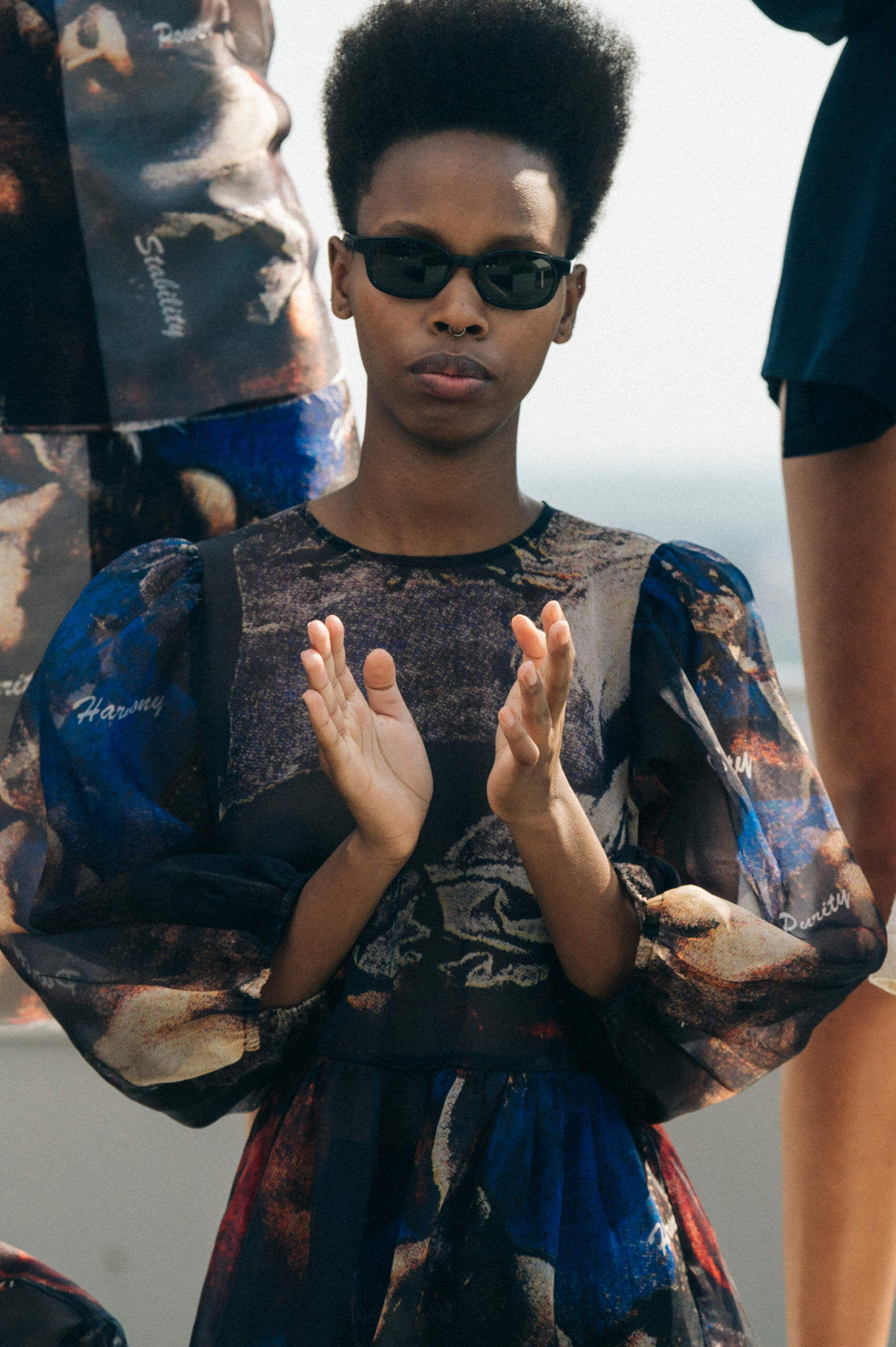 Model wearing pattern Soulland dress