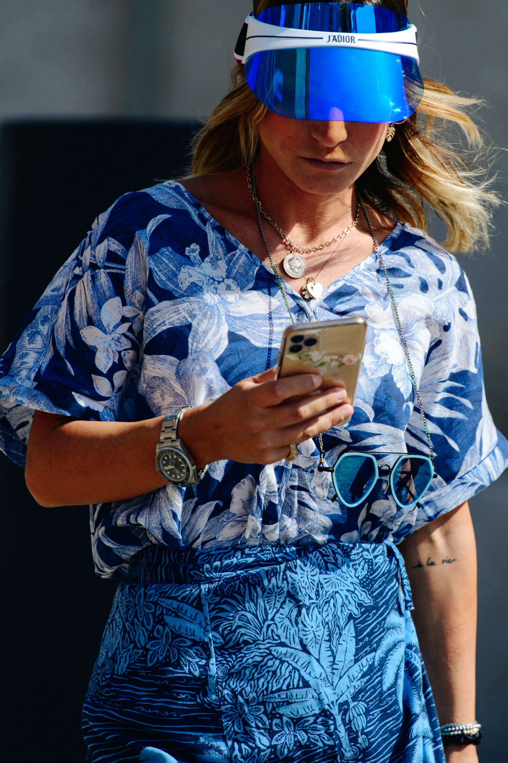 Woman wearing blue outfit