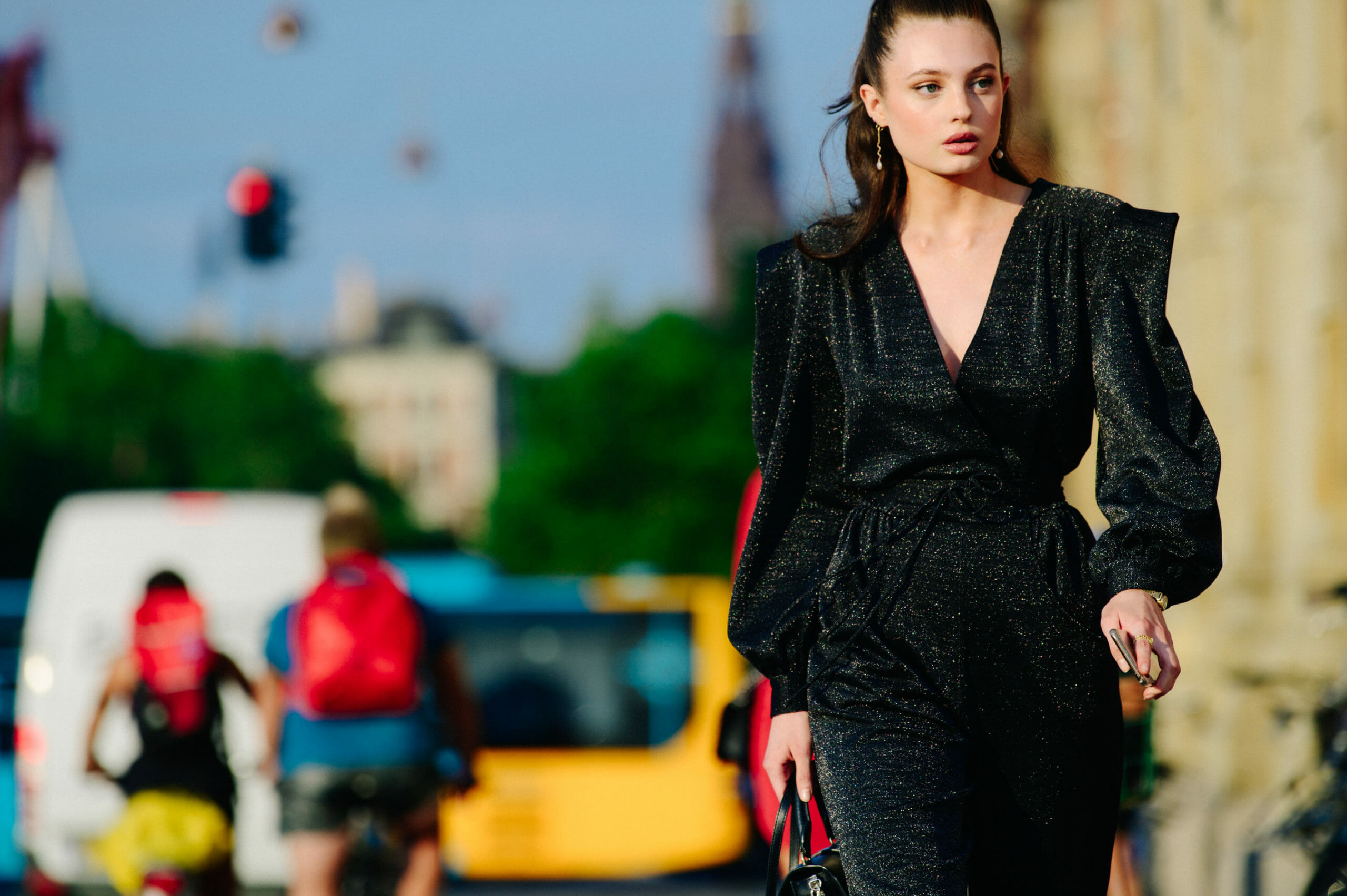 Woman wearing black suit