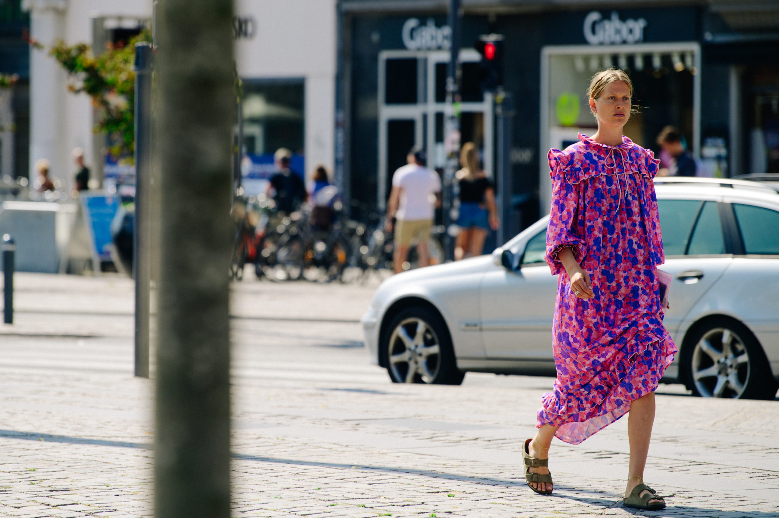 Woman wearing purple dress