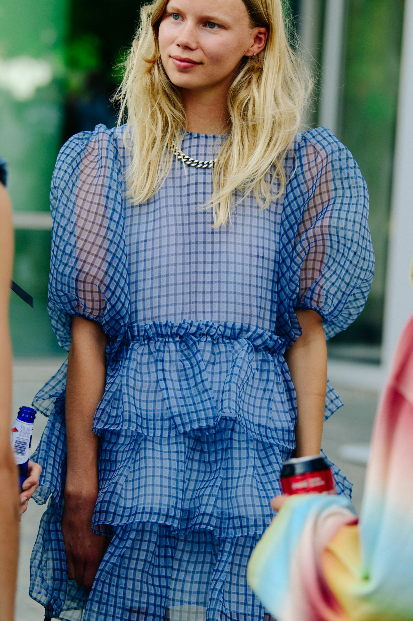 Model wearing blue dress