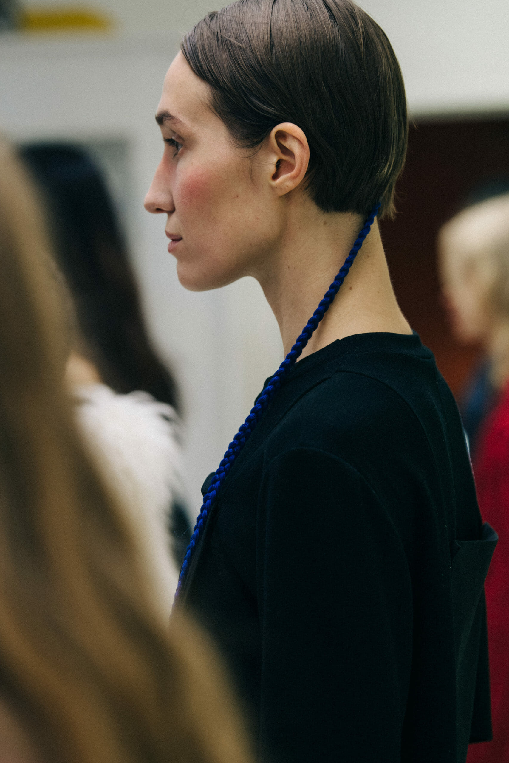 Model with long blue braid
