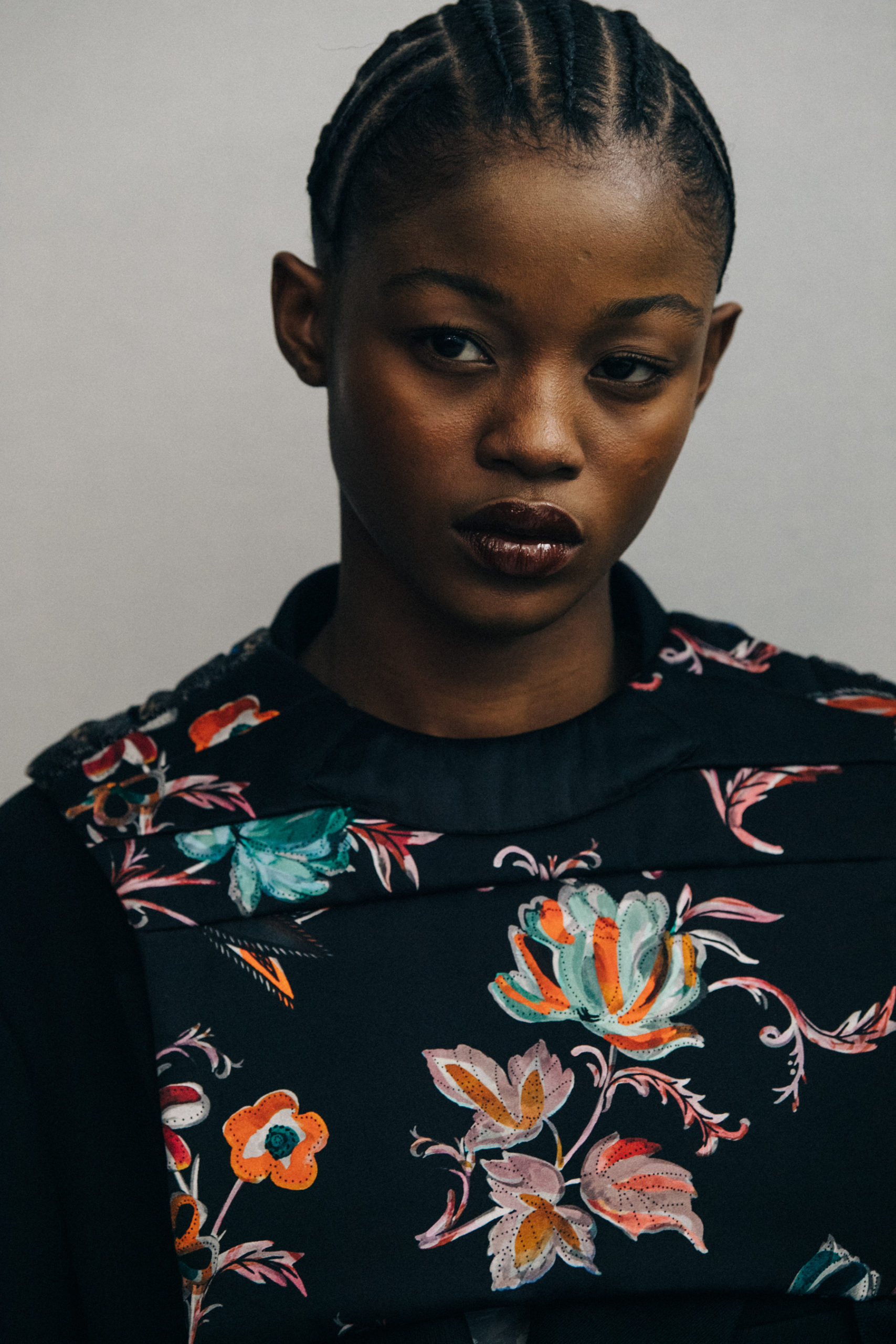 Model wearing floral pattern at Nina Ricci