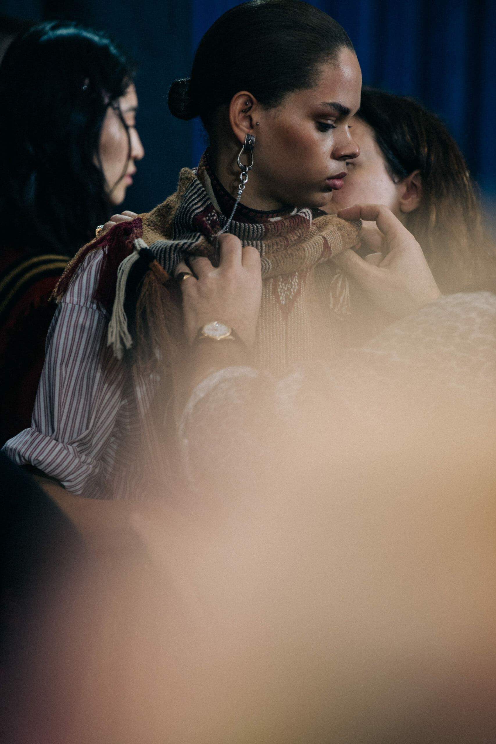 Model wearing dark pattern at Etro