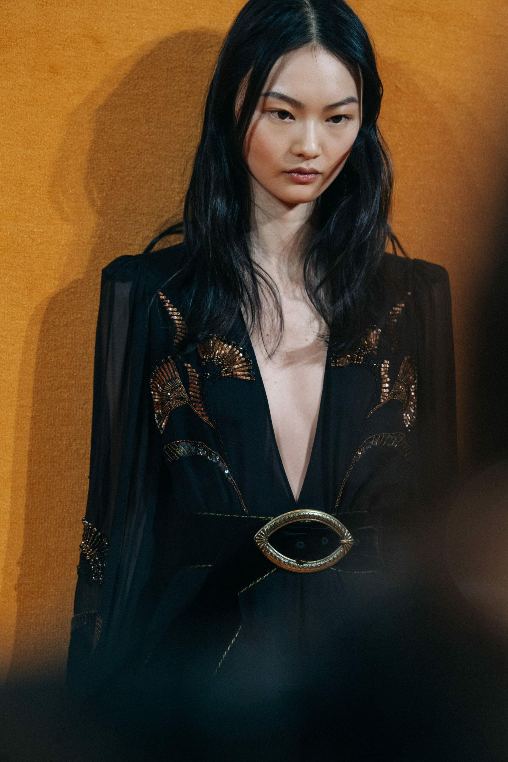 Model wearing black dress at Etro
