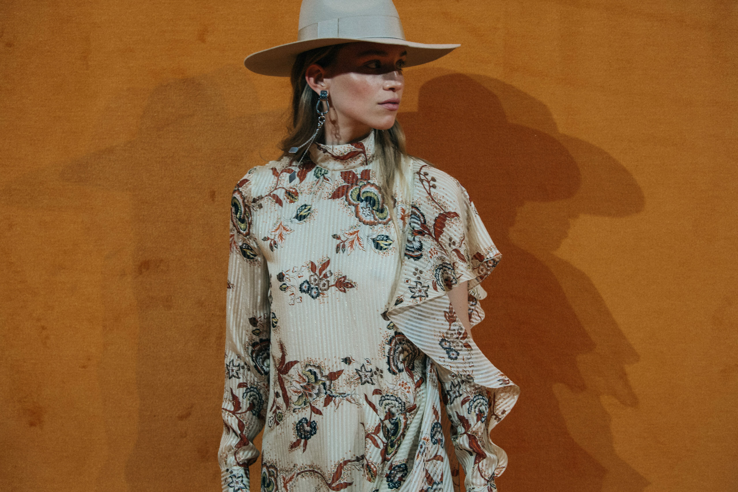 Model wearing light colour at Etro