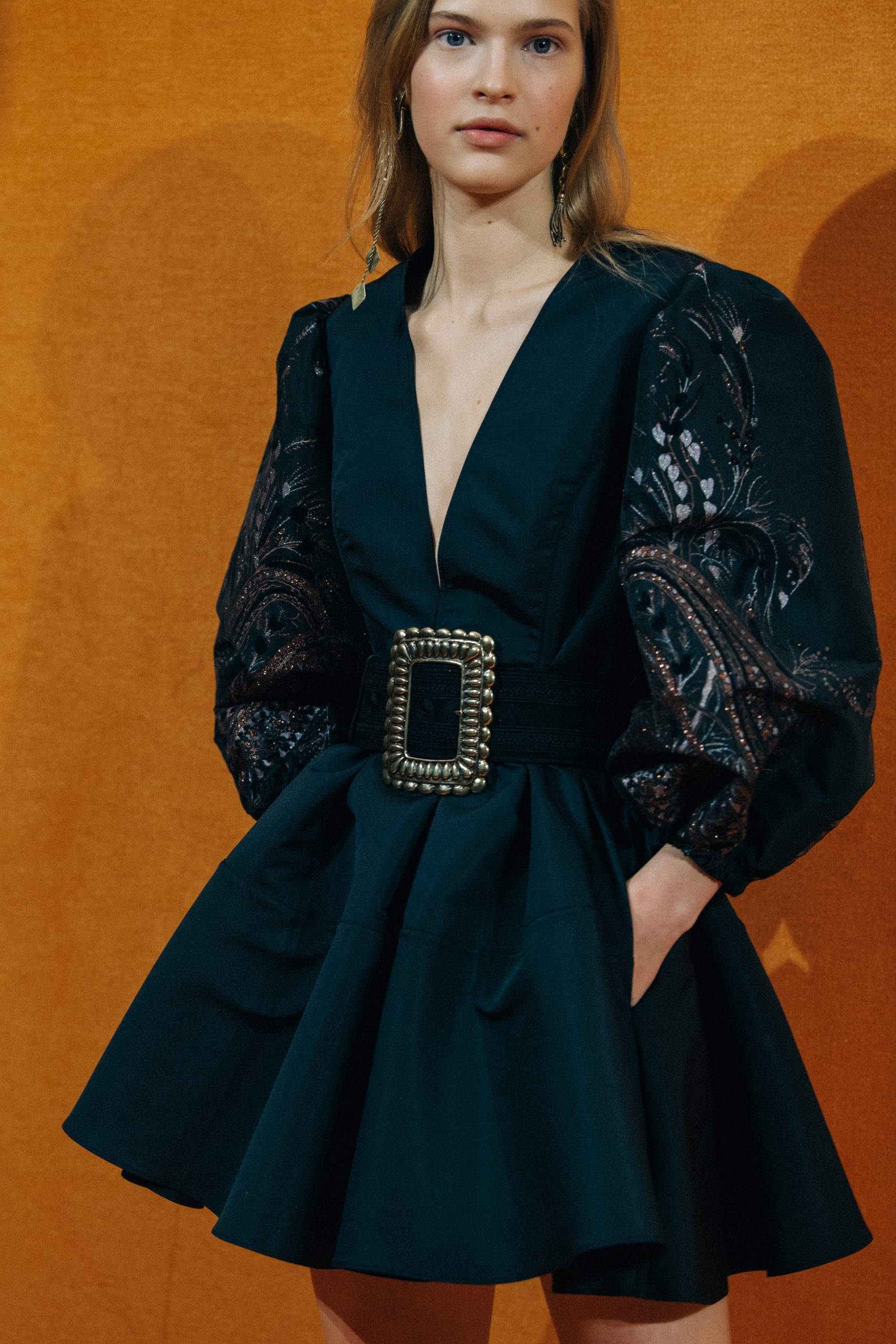 Model wearing black dress at Etro