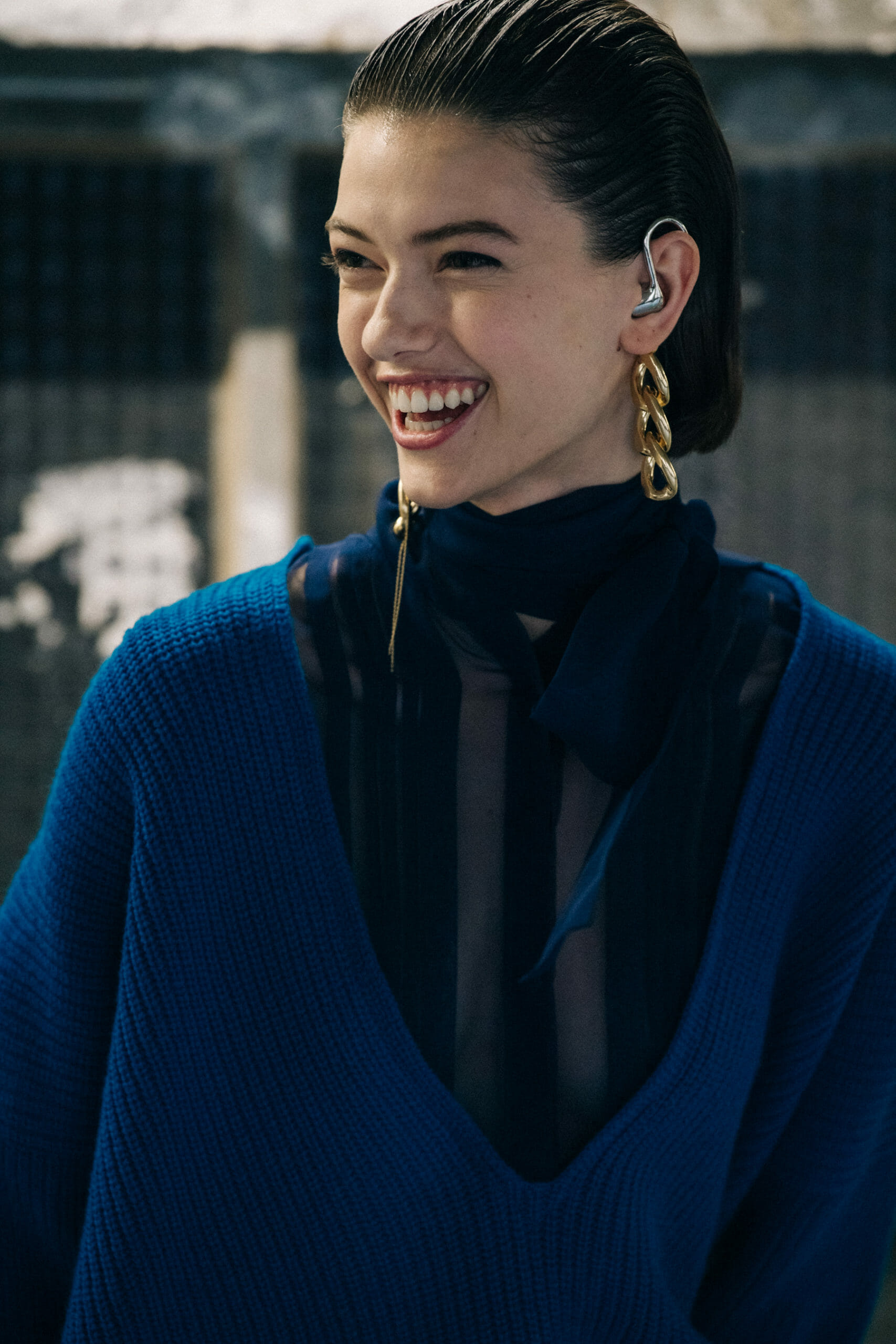 Model wearing blue at Sacai
