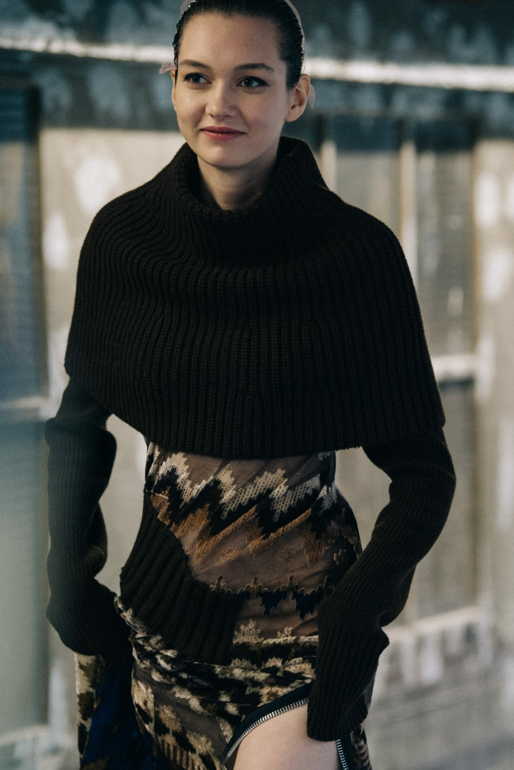 Model wearing brown at Sacai