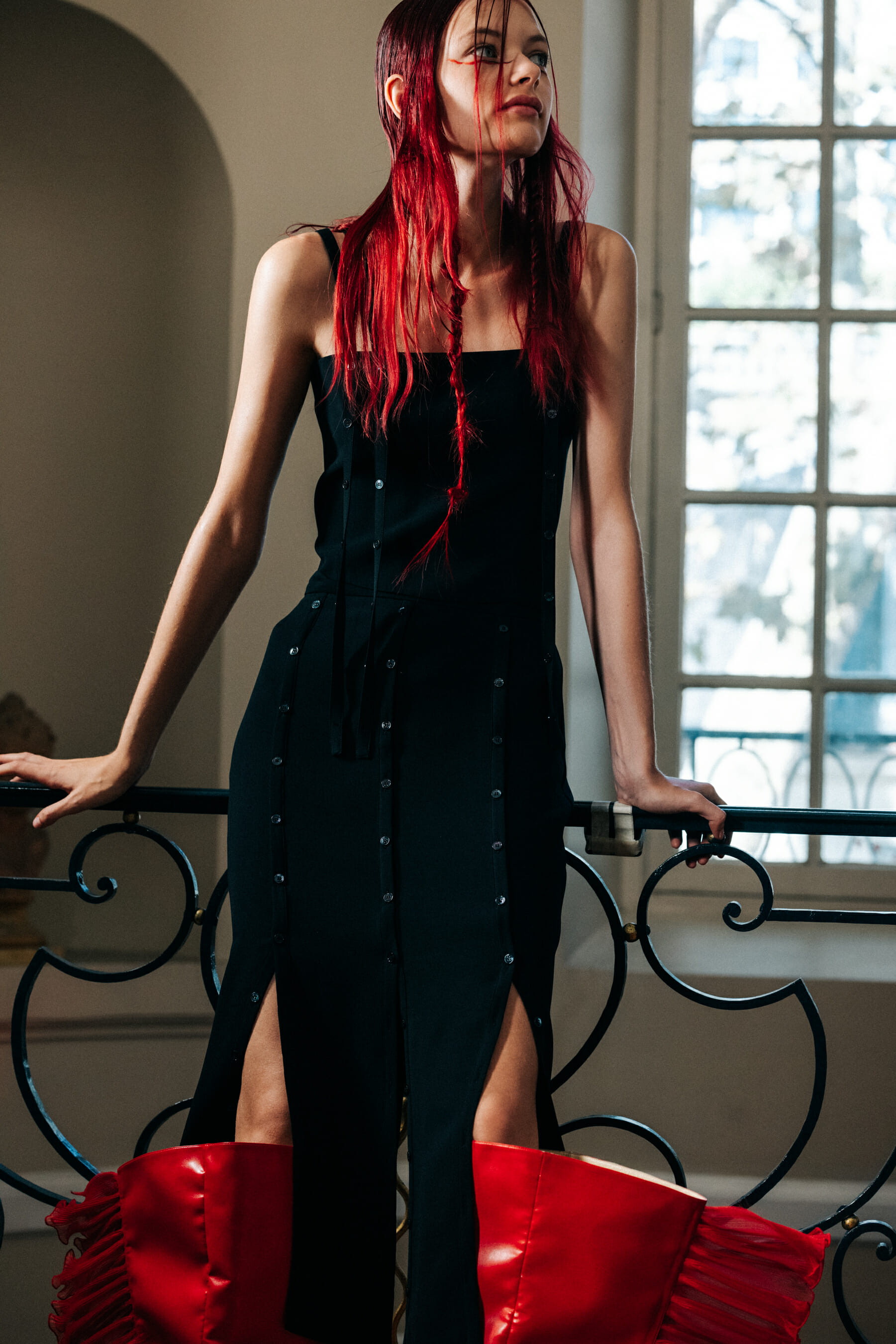 Model with red hair before show